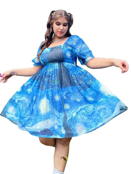 

plus galaxy print square neck puff sleeve shirred back dress 8216#, Black