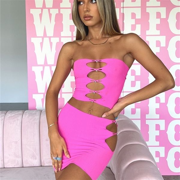 

two piece sets women hollow out club skirt sets sleeveless tube crop cut out mini skirts 2pcs set female streetwear 220602, White