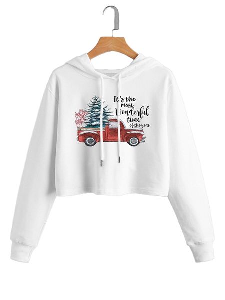 

christmas print drop shoulder drawstring crop hoodie b1sd#, Black