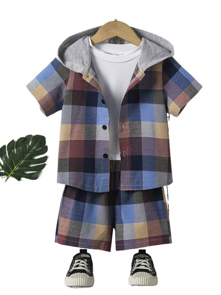 

toddler boys plaid shirt & shorts d873#, Black;white