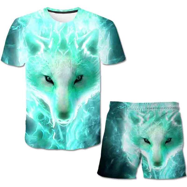 Kleidungssets Tier 4-14 Coole 3D-Wolf-Kleidung Kinder Sommer abgeschnittenes T-Shirt Sportbekleidung Jungen-TrainingsanzugKleidung