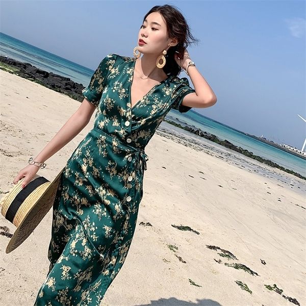 

summer women floral print green satin dress slim elegant boho vacation tropical midi beach dress vintage korean runway dresses t200416, Black;gray