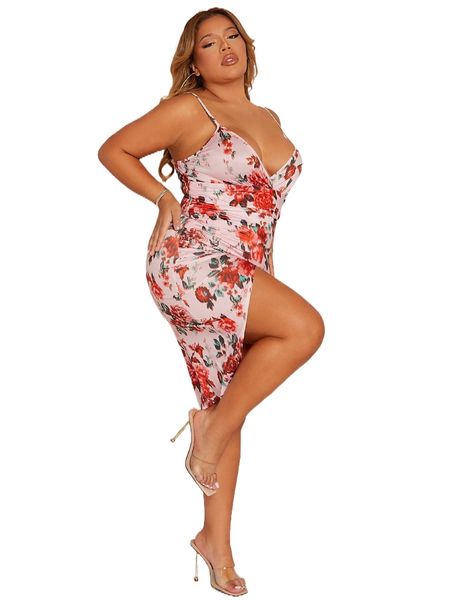 

sxy plus floral print ruched asymmetrical hem cami dress 871n#, Black