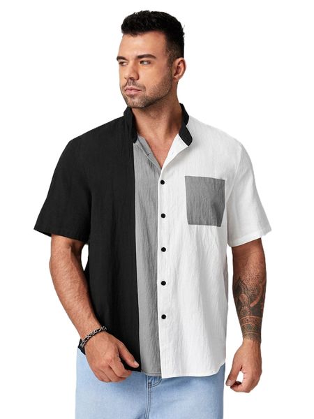

extended sizes men colorblock mock neck pocket patched shirt k7q9#, White;black