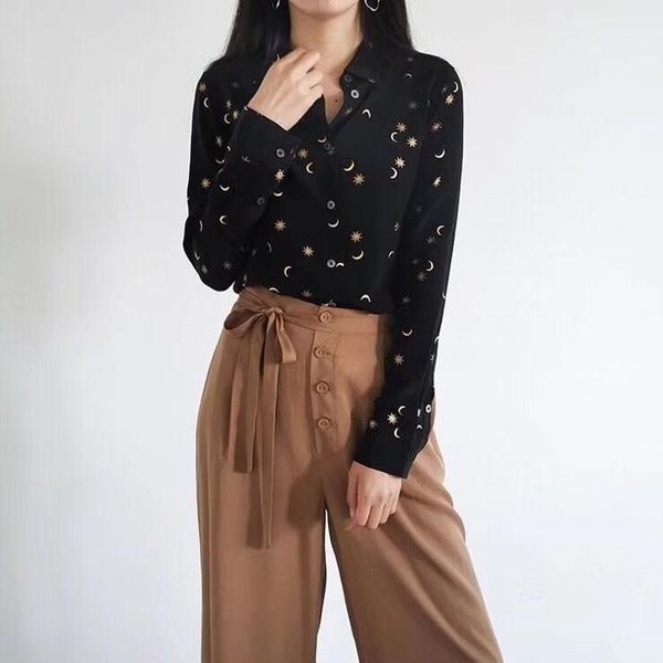 

women's blouses & shirts the stars of moon real silk women long sleeve printing no pocketwomen's, White