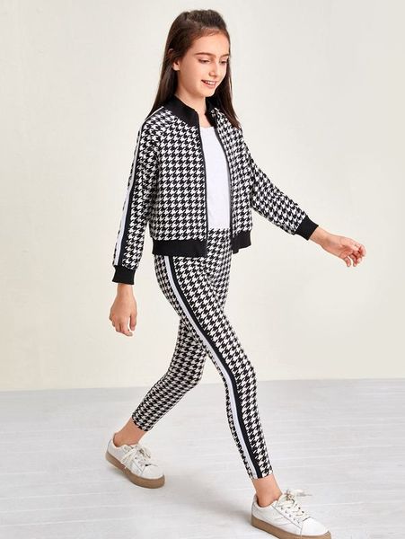 

girls zip up striped sideseam houndstooth jacket & leggings set she, White