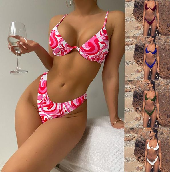 Frauen Badebekleidung Frauen Drucken Tanga Bikini Bandeau Solid Color Understrire Push up 2022 Strandkleidung Ausschnitt weiblicher Badeanzug