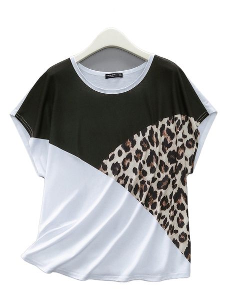 

plus leopard colorblock batwing sleeve tee m6du#, Black