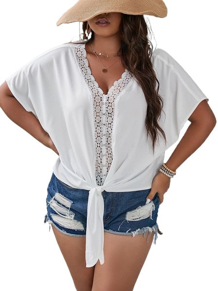 

plus contrast guipure lace tie front dolman sleeve blouse b6ty#, Black