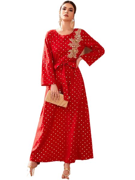 

polka dot print floral embroidery belted dress u4z8#, Black;gray