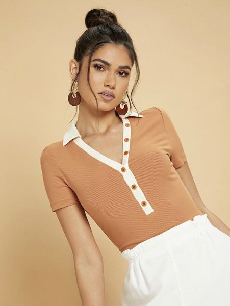 

contrast collar rib-knit tee 42jg#, White