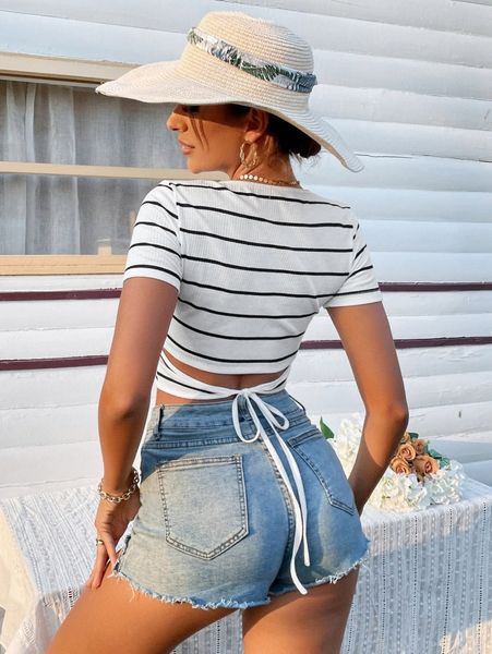 

striped print tie back crop tee u34j#, White