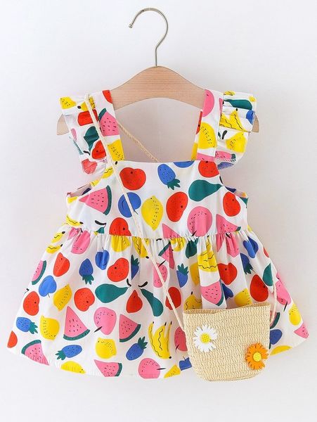 

baby fruit print ruffle trim peplum cami with bag she, Blue