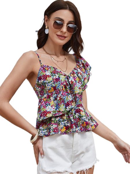 

ditsy floral asymmetrical shoulder open back peplum v000#, White