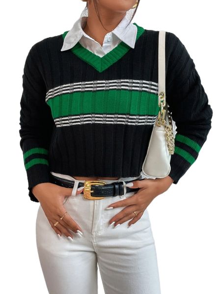 

stripe pattern drop shoulder sweater without blouse o1jz#, White;black