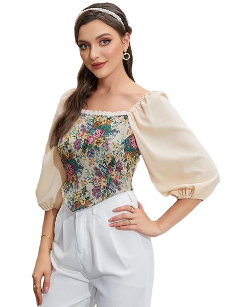 

floral print frilled lantern sleeve hanky hem blouse y0vi#, White