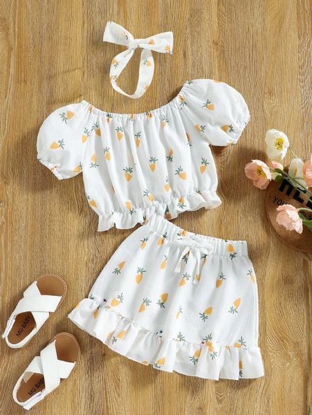 

little girl's fruit printed lantern sleeve with ruffle hem skirt she, White