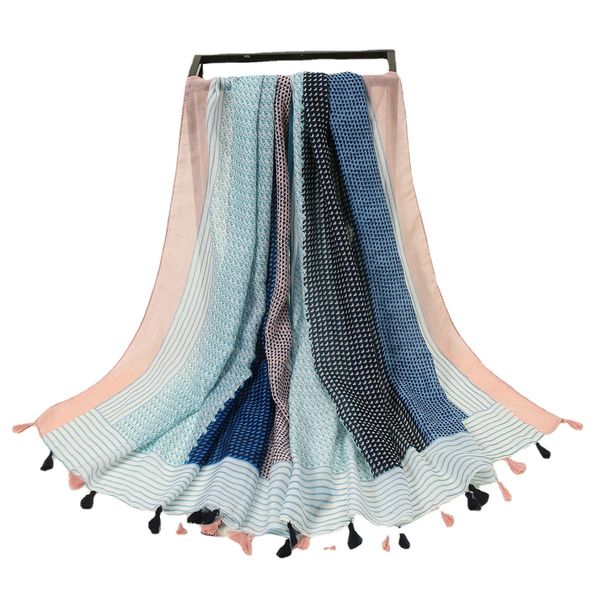 

foreign trade new striped floral cotton linen printed silk scarf ethnic style tassel scarf ladies shawl fashion large gauze scarf, Blue;gray