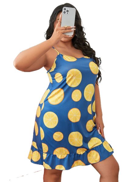 

plus lemon print ruffle hem cami nightdress 50vc#, Black;white