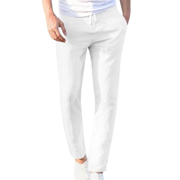 Feitong moda cotone lino pantaloni uomo casual lavoro solido bianco elastico in vita streetwear pantaloni lunghi pantaloni 220621