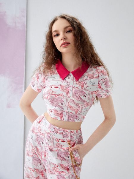 

x crybaby contrast collar pop art crop tee e5ue#, White