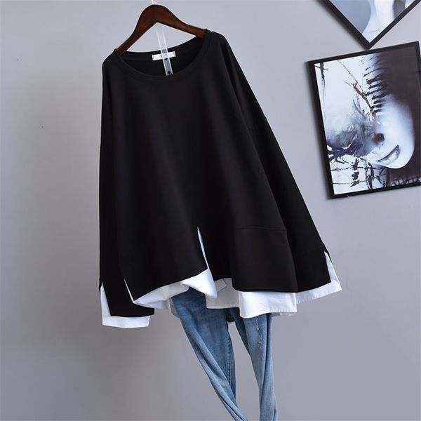 

spring&autumn new korean women simple black oversize fake twopiece longsleeved loose slim tshirt women 210322, White