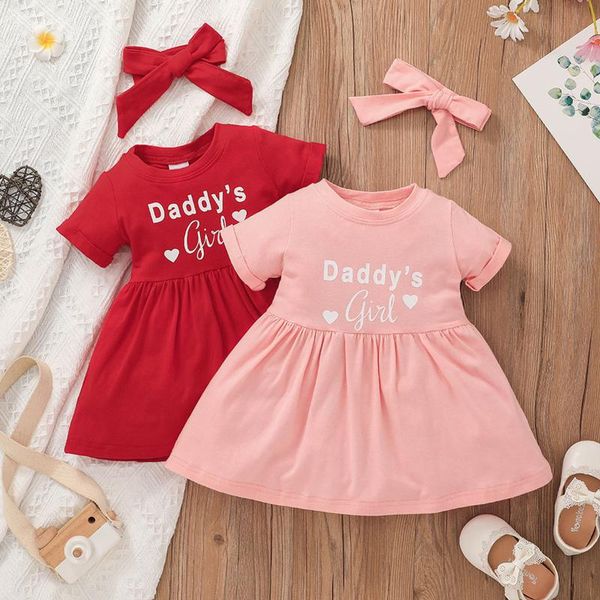 

girl's dresses 2022 baby girls valentine's day outfits girl princess dress +headband sets for summer funny letter party 3-24 month, Red;yellow
