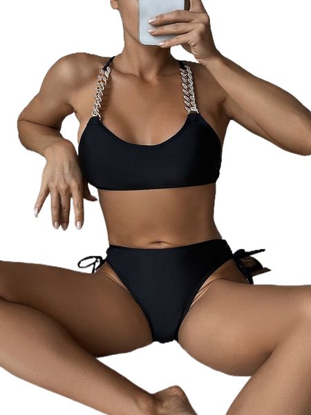 

chain linked tie back bikini swimsuit b3bo#, White;black