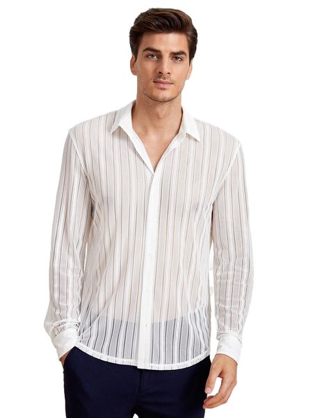 

men button front semi-sheer shirt b7pr#, White;black