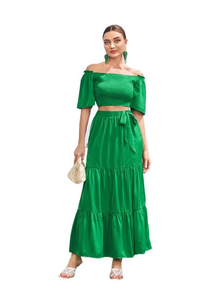 

shirred off shoulder & knot ruffle hem skirt a07p#, White