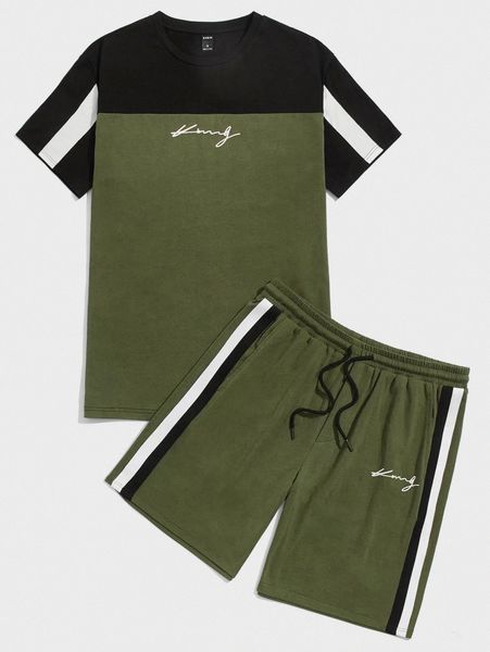 

men color block letter graphic tee & drawstring waist shorts u7kz#, Gray