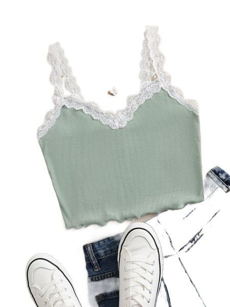 

contrast lace lettuce trim rib-knit crop cami c8if#, White