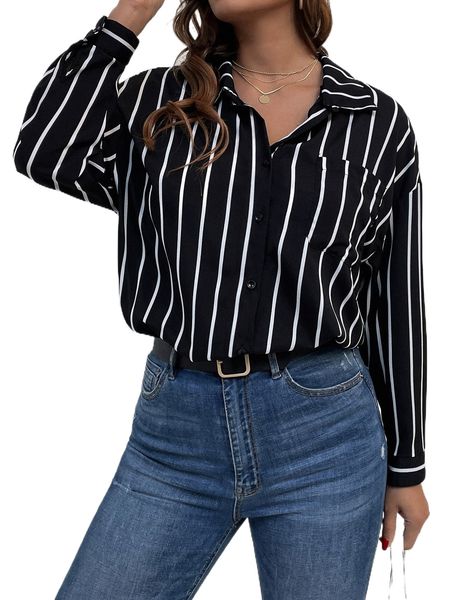 

plus striped pocket front blouse e23o#, Black