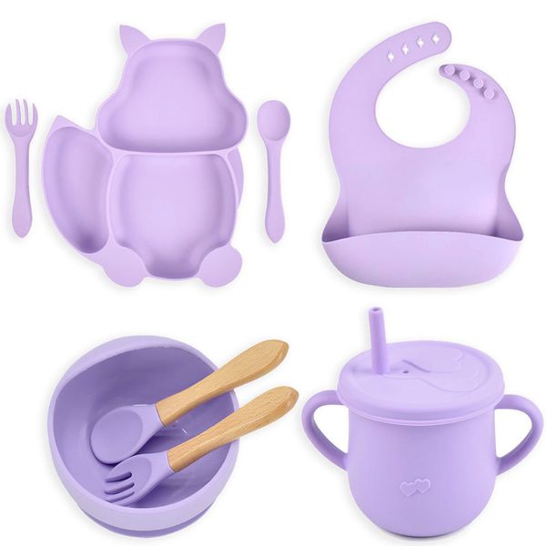 

8pcs set cute silicone baby plate bowl and training cup wooden spoon forks set suction kids s tableware dishes stuff 220708