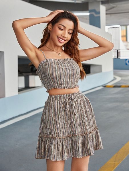 

block striped frill trim cami & skirt l38k#, White