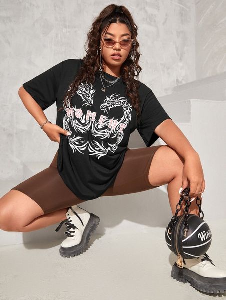 

plus dragon & letter print tee 05s3#, Black