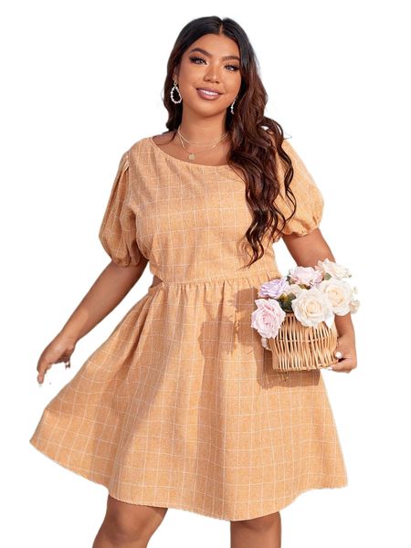 

plus grid print puff sleeve dress w1o6#, Black