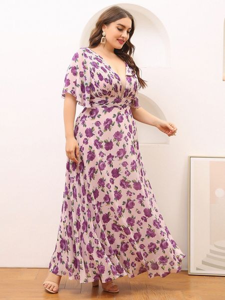 

plus floral print butterfly sleeve chiffon dress s4d8#, Black