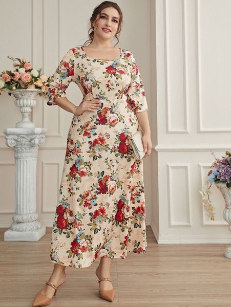 

plus random floral print scoop neck dress 32yf#, Black