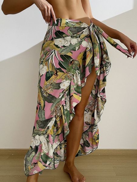 

floral print ruffle trim cover up k4jz#, White;black