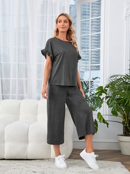 

emery rose ruffle cuff batwing sleeve tee & pants 81sy#, White