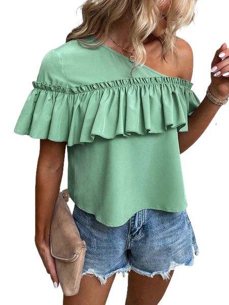 

one shoulder ruffle trim blouse 44hy#, White