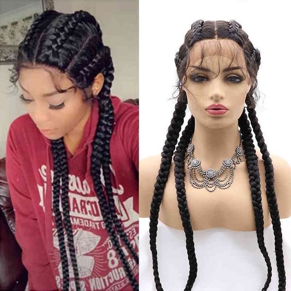 

middle part synthetic braided lace front wig black 4x twist braided wig with baby hair heat ristant fiber wig, Golden;white
