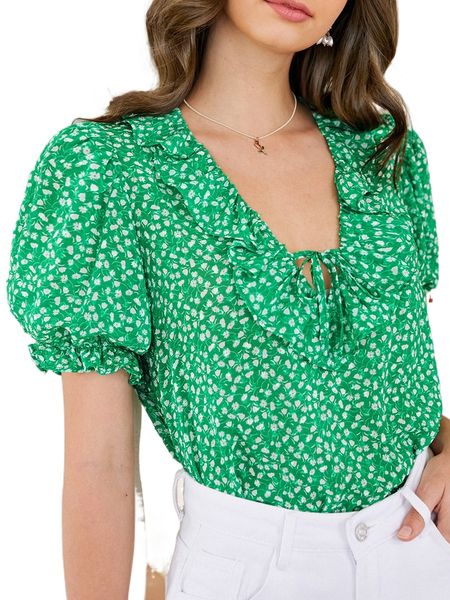 

ditsy floral print ruffle trim tie front blouse 52lo#, White