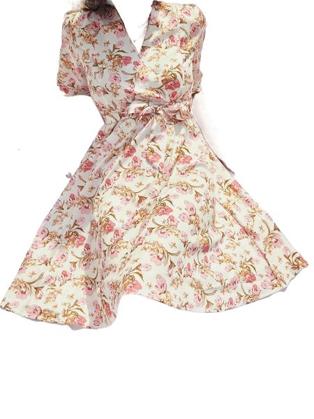 

allover floral print surplice neck belted dress v9ij#, Black;gray