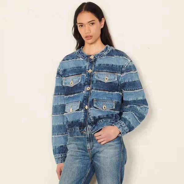 

women's jackets s's spring and summer tassel fringe stitching stripe round neck single breasted denim jacket wear, Black;brown