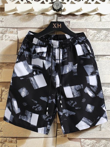 

men allover print drawstring waist shorts a6kg#, White;black
