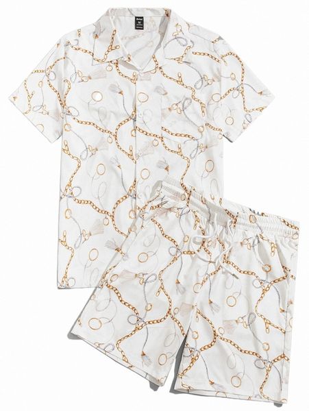 

romwe guys chain print shirt & drawstring shorts n2pl#, Gray