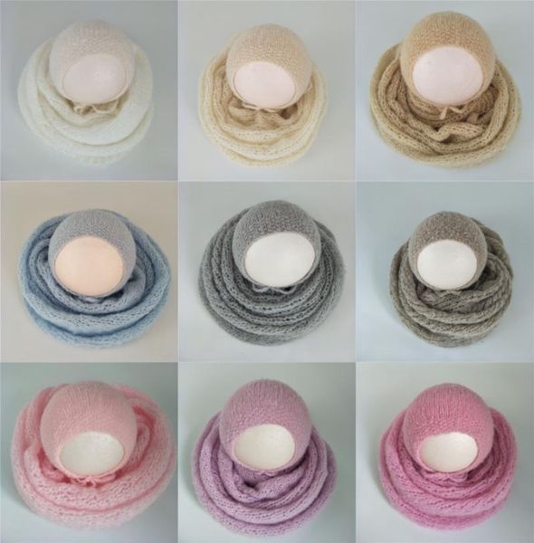 Coperte Fasce in maglia elasticizzata 40X80 cm Born Mohair Wrap Hat Set Baby Pography Swaddle Infant Shooting Outfits Po Props Coperte