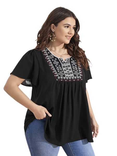 

plus geo embroidery butterfly sleeve blouse x0s8#, Black